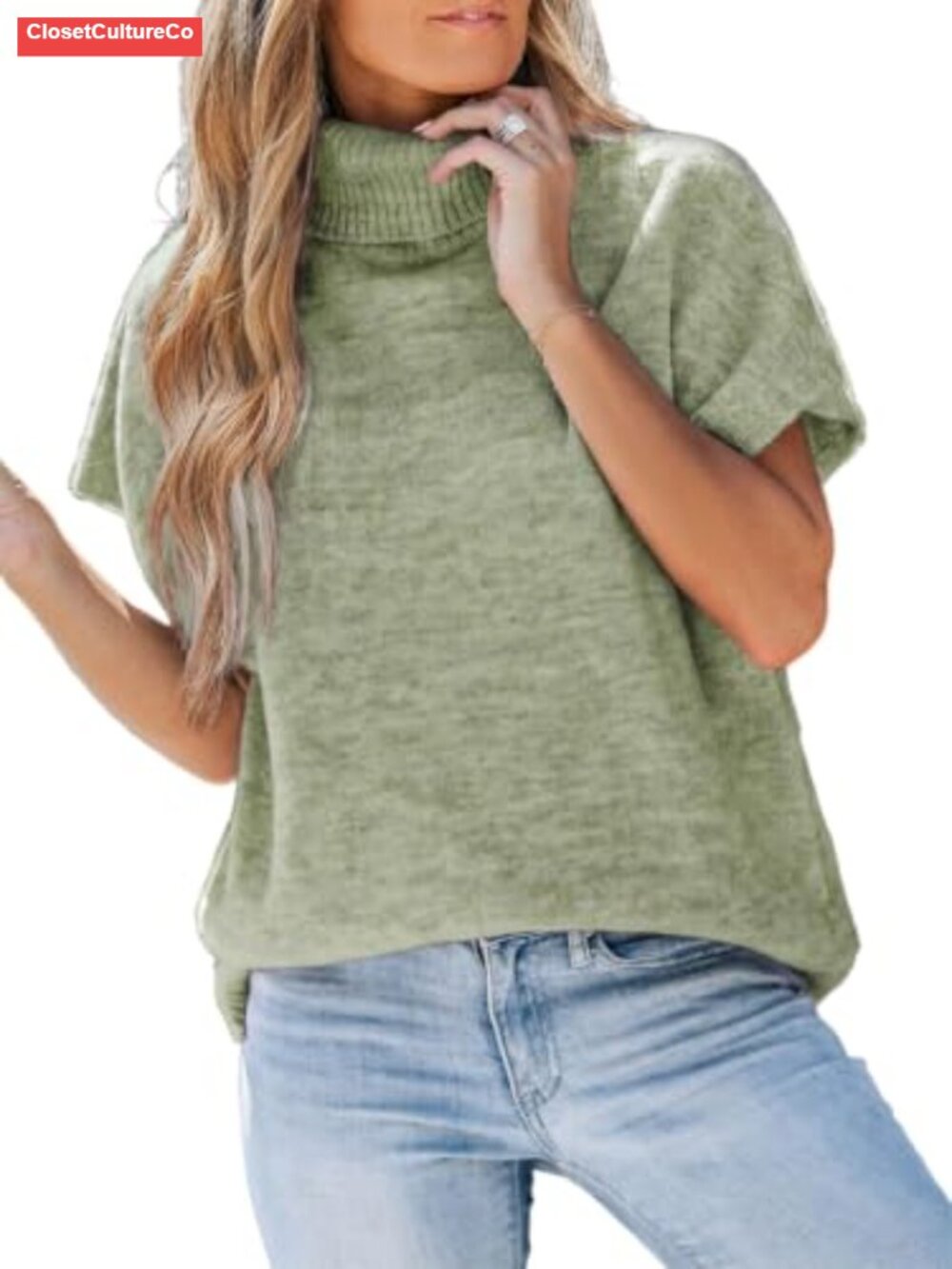 Cap Sleeve Turtleneck Oversized Knit Pullover Sweater Ribbed Hem